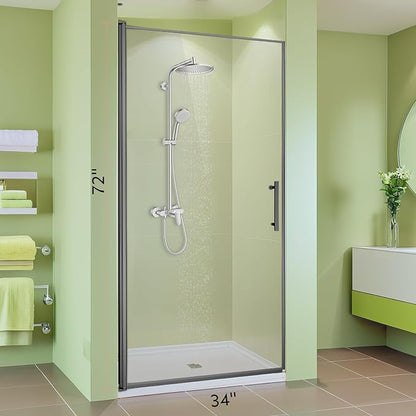 34" Wx72 H Frameless Reversible Pivot Shower Door, 1/4" Clear SGCC Tempered Glass & Shatter Proof Film, 304 Stainless Steel Hardware, Water Protection Seal Stripes Plus Glass-Fixing Aluminum Stripe