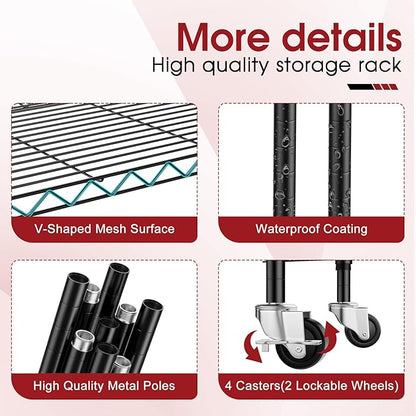3 Pack Rolling 6-Tier Space-Saving Garage Wire Rack Shelving, 14"D x 24"W x 71"H Adjustable Metal Shelving with Wheels, 750 lbs Capacity Heavy Duty Storage Shelves for Garage, Closet & Kitchen, Black