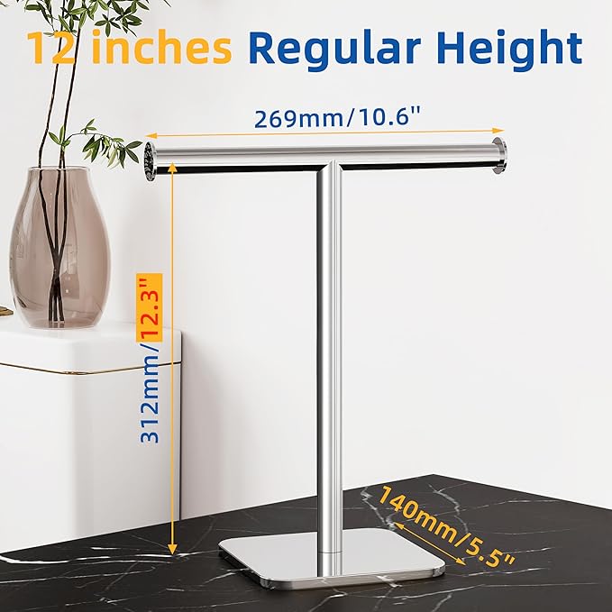 RUACQ T-Shape Hand Towel Holder Stand, Weighted Base Towel Rack, Countertop Towel Holder for Bathroom, 304 Stainless Steel, Heavy Duty (Chrome)