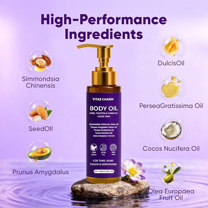 Vitae Charm Body Oil, Luxury Body Oil for Crepe Skin, Firming Tightening & Hydrating Body Serum with Vitamin E and Sweet Almond Oil, Smooths Skin for Women