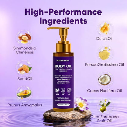Vitae Charm Body Oil, Luxury Body Oil for Crepe Skin, Firming Tightening & Hydrating Body Serum with Vitamin E and Sweet Almond Oil, Smooths Skin for Women