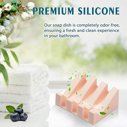 Silicone Soap Dish with Drain, Upgrade Double Suction Cups at The Bottom for Anti-Slip and Stability, Soap Dish Shower Waterfall Bar Soap Holder Tray with Drain Soap Holder (3, Pink)