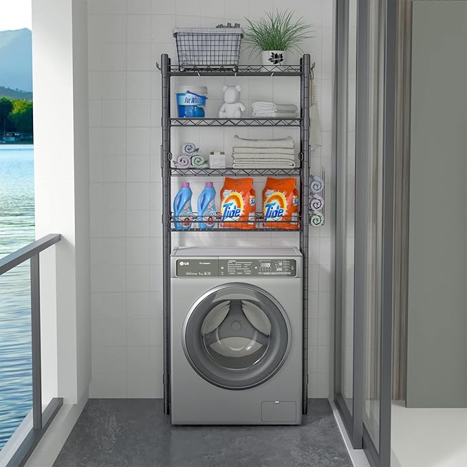 4-Tier Toilet Shelf Storage, Bathroom Organizer Shelves Over Toilet Storage, Above Toilet Tack Free Standing Bathroom Space Saver with Adjustable Basket and Shelves, Gray