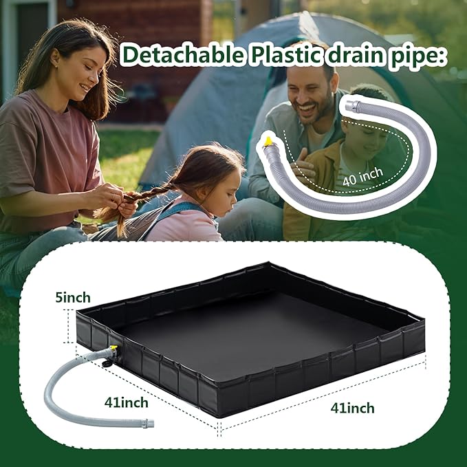 Portable Shower Pan, 41" x 41" x 5" Foldable Shower Base & Basin Floor with Detachable Drain Pipe, Ideal for RV, Outdoor,Indoor Shower Stall Enclosures