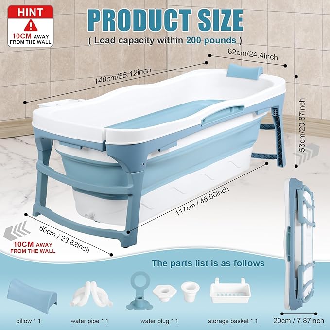 Portable Bathtub for Adult, 56'in Foldable Collapsible Tub, Ergonomically Designed Pop up Bathtub, For the Ultimate Relaxing Soaking Bath, Ideal for Small Spaces - Quick, Effortless Using Bl