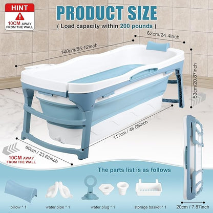 Portable Bathtub for Adult, 56'in Foldable Collapsible Tub, Ergonomically Designed Pop up Bathtub, For the Ultimate Relaxing Soaking Bath, Ideal for Small Spaces - Quick, Effortless Using Bl