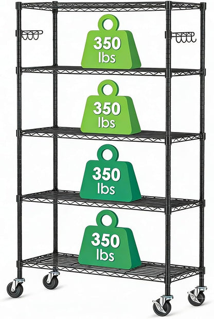 5 Tier Storage Shelves with Wheels Wire Rolling Garage Shelving Rack Organizer Heavy Duty Metal Unit Adjustable Utility Commercial Sturdy Shelves for Kitchen Garage Pantry Bathroom Closet Laundry