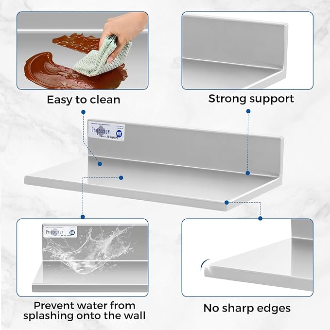Profeeshaw Stainless Steel Shelf Wall Mounted Commercial Stainless Steel Shelves 8.6 * 16 Inch 44lb Heavy Duty Commercial Kitchen Shelf for Restaurant, Bar, Utility Room, Kitchen and Garage