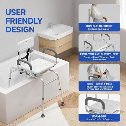 Sliding Shower Chair with Swivel Seat, Tub Transfer Bench for Elderly & Disabled, Adjustable Shower Chair with Arms & 350lb Capacity