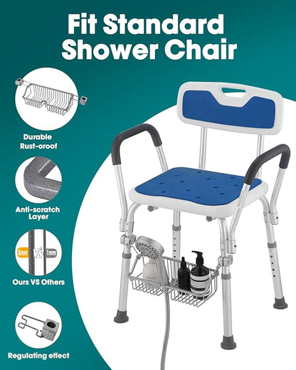 Rustproof Hanging Shower Caddy for Shower Chair, Stainless Steel Bathroom Basket for Bathroom Chair Bench,Showers Caddy Chair with Hooks, Shampoo Bottle Holder for Elderly, Pregnant, Handicap, Patient