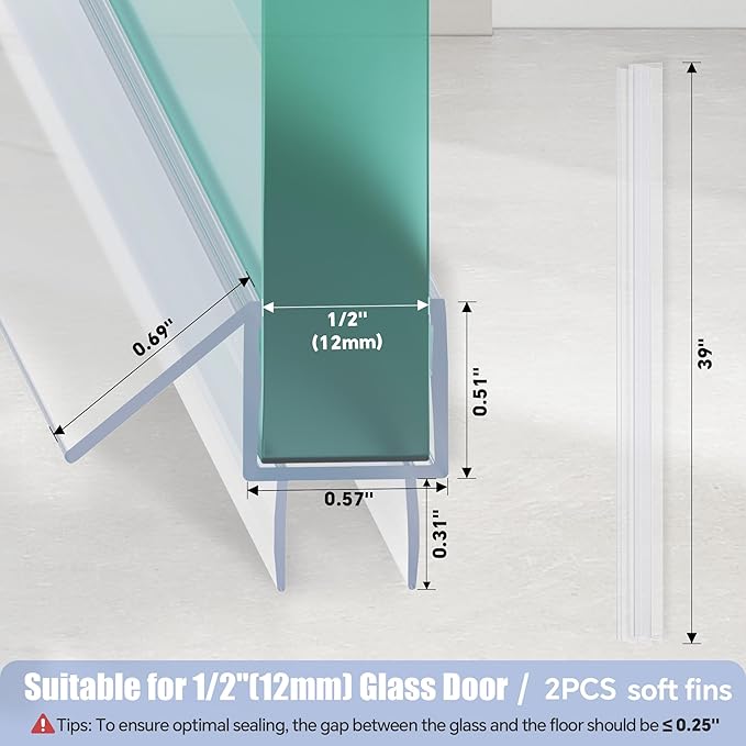 2-Pack Shower Door Bottom Seal, (1/2" x 39") Ultra Clear Glass Shower Door Seal Strip, Stop Leaks and Create a Water Barrier