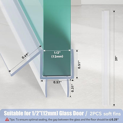 2-Pack Shower Door Bottom Seal, (1/2" x 39") Ultra Clear Glass Shower Door Seal Strip, Stop Leaks and Create a Water Barrier