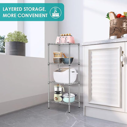 4 Tier Wire Shelving Unit, Height Adjustable Wire Shelves with 264 LBS Capacity, Metal Storage Rack Organizer for Laundry, Kitchen, Bathroom, Pantry, Closet (9.8"D x 13.7"W x 31.5"H, Silver)