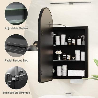 LED Arched Bathroom Medicine Cabinet with Mirror, No Assembly Needed, Recessed or Surface Mount Wall Storage Cabinet, Mirror Cabinet with Tissue Slot (Black-LED, 29.5" L x 15.7" W)