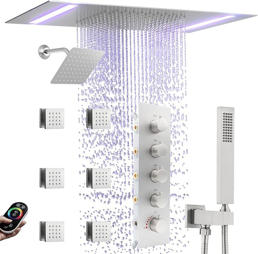 Thermostatic Shower System with 14x20 Inch Ceiling Mount LED Head & 6 Inch Wall Head and Handheld Shower 4 Function Vale with body jets Can All Run Together,Brushed Nickel