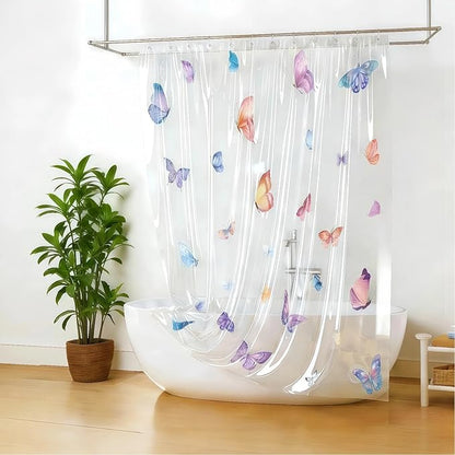 Clear Butterfly Shower Curtain Liner, Colorful Plastic Transparent Pretty Shower Curtains for Bathroom, 72x72 Weighted Magnetic Shower Curtain Set with 12 Hooks