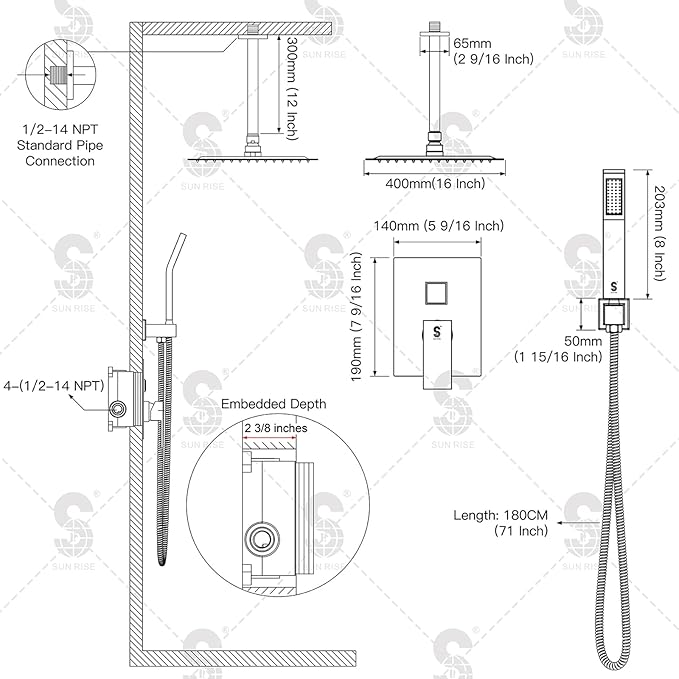 SR SUN RISE 16 Inches Brushed Nickel Shower System Bathroom Luxury Rain Mixer Shower Combo Set Ceiling Mounted Rainfall Shower Head Faucet (Contain Shower Faucet Rough-In Valve Body and Trim)