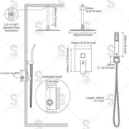 SR SUN RISE 16 Inches Brushed Nickel Shower System Bathroom Luxury Rain Mixer Shower Combo Set Ceiling Mounted Rainfall Shower Head Faucet (Contain Shower Faucet Rough-In Valve Body and Trim)