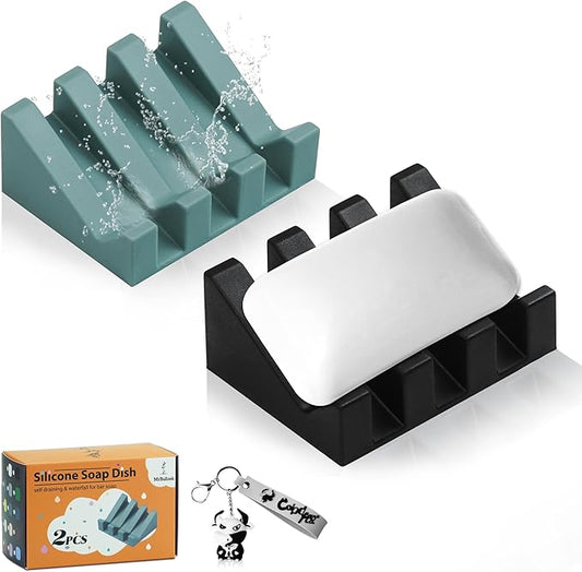Silicone Soap Dish for Bar Soap Holder for Shower Bathroom Self Draining Waterfall Drying Tray Keep Soap Bars Dry Clean & Easy Cleaning (Green and Black, 2)