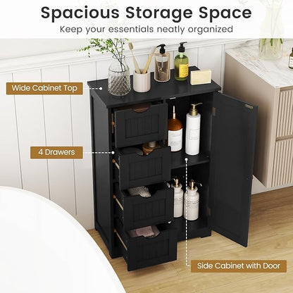 Tangkula Bathroom Floor Cabinet, Freestanding Storage Cabinet with 4 Drawers & Single Door, Adjustable Shelf, Multipurpose Bathroom Storage for Home Office, 21.5 x 12 x 32.5 Inches (Black)
