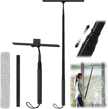 Shower Squeegee with Long Handle, 15-51" Telescopic Squeegee for Window Cleaning, Window Squeegee for Glass Doors, Extendable Window Cleaner Tool for Tile Walls, Sliding Door, Floor, Car Windshield-BK