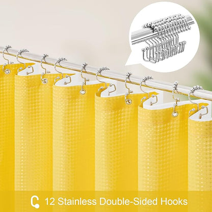 3 in 1 Extra Long Yellow Shower Curtain Set-72 W x 84 H, Modern Waffle and PEVA Liner Set with 12 Stainless Steel Hooks, Waterproof Fabric for Bathroom