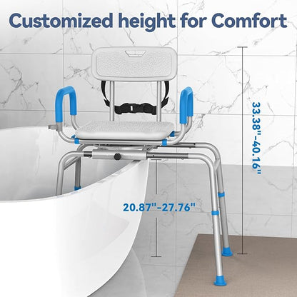 FSA/HSA Eligible Sliding Shower Chair Tub Transfer Bench for Bathtub with Swivel Seat, Shower Bench with Pivoting Arms, Height Adjustable Shower Seat, 350 lbs,White&Blue,Standard