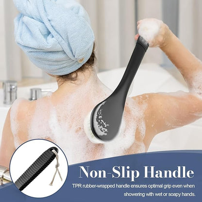 Back Scrubber for Shower, Shower Body Brush for Cleaning with Long Handle for Showering, 17 Inch Back Washer Exfoliator for Shower Men Women with Non-Slip Handle, Adhesive Hook (Black)