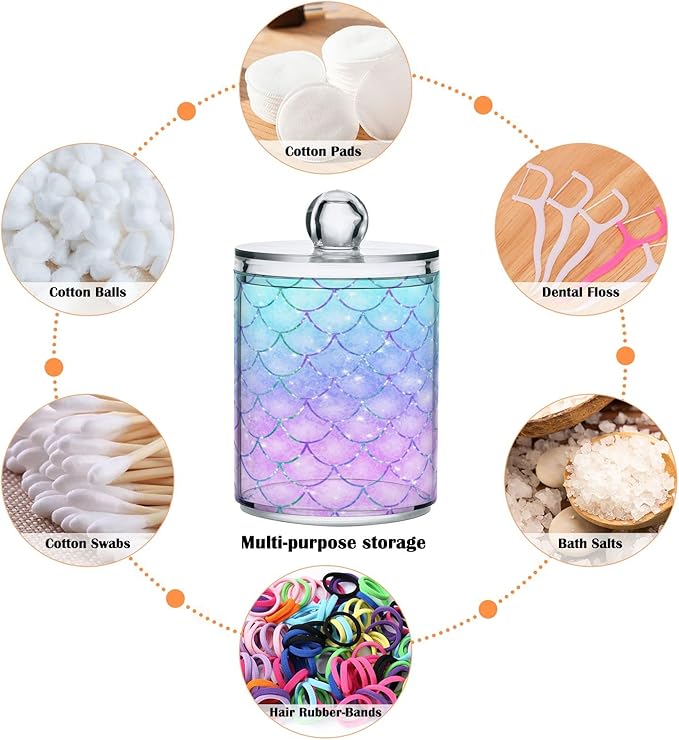 MNSRUU 4 Pack Qtip Holder Organizer Dispenser Pink Blue Mermaid Scales Bathroom Containers Bathroom Vanity Storage Canister Apothecary Jars for Cotton Swabs/Pads/Floss
