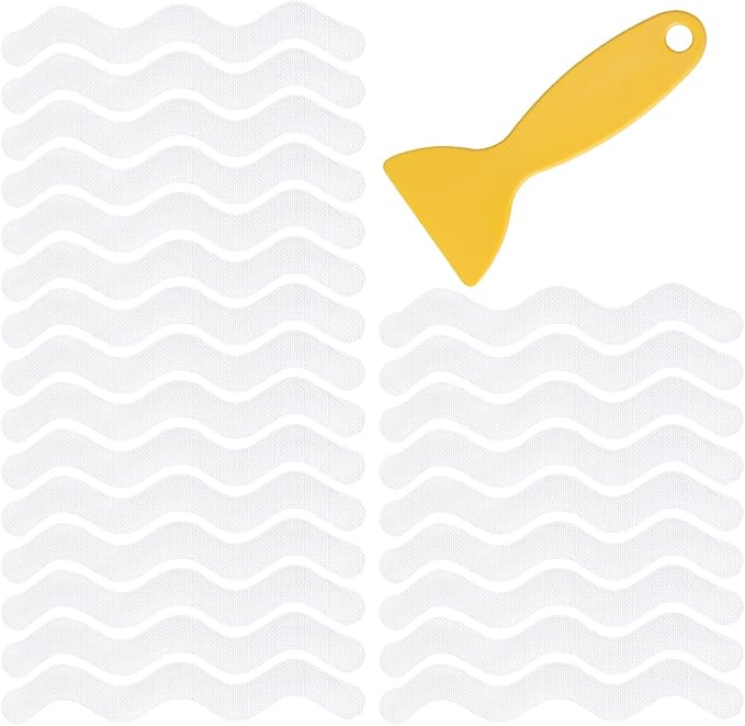 24pcs Anti Slip Shower Stickers, Non Slips Shower Strips with Premium Scraper, Clear Wave-Shaped Bathtub Non Slip Stickers for Bath Tub Showers Stairs Non-Slip