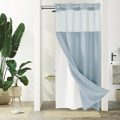 Gibelle Stall Small Shower Curtain 36x74, Waffle Weave Shower Curtain with Snap-in Fabric Liner Set, No Hooks Needed, Hotel Style with Mesh Top Window, Fog Blue