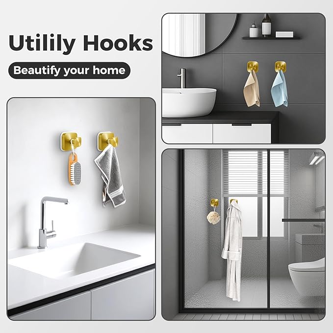Shower Hooks for Inside Shower,Reusable Suction Cup Hooks for Glass Window,Mirror,Removable Towel Hooks for Bathroom,4 Pack(Gold)