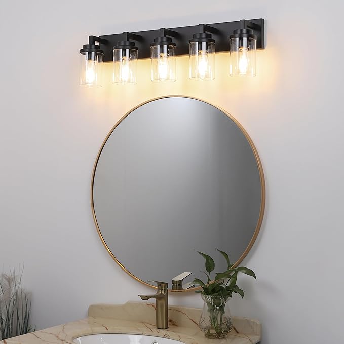 MELUCEE 5-Light Black Bathroom Light Fixtures with Clear Glass Shade, Black Vanity Lights Industrial Wall Mount Light for Bathroom Mirror, Powder Room Bedroom