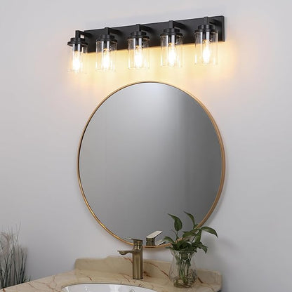 MELUCEE 5-Light Black Bathroom Light Fixtures with Clear Glass Shade, Black Vanity Lights Industrial Wall Mount Light for Bathroom Mirror, Powder Room Bedroom