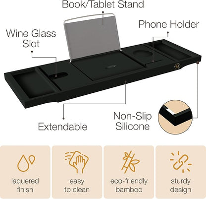 Wooden Bathtub Tray - Foldable & Expandable Bamboo Bath Tray for Tub with Wine Holder, Book & Tablet Stand - Bath Caddy Tray for Bathtub, Spa Bath Accessories, Tub Tray Table, (Black)