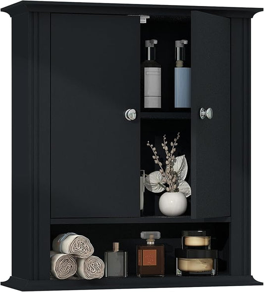 Bathroom Cabinet Wall Mounted| Over The Toilet Storage Cabinet with 2 Doors & Adjustable Shelf, Hanging Wall Cabinet, Upper Cabinet Storage Cupboard for Bathroom,Kitchen,Laundry Room, Black