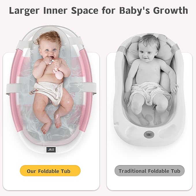 Collapsible Baby Bathtub for Newborn to Toddler 0-36 Months,Spacious Foldable Infant Bath Tub with Thermometer,Cushion & Drain Hole,Portable Travel Tub, Baby Shower Gift Pink