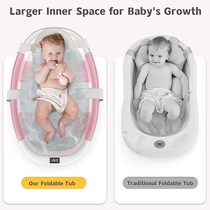 Collapsible Baby Bathtub for Newborn to Toddler 0-36 Months,Spacious Foldable Infant Bath Tub with Thermometer,Cushion & Drain Hole,Portable Travel Tub, Baby Shower Gift Pink