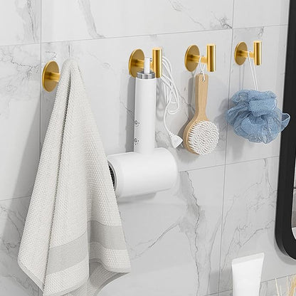 Vuzvuv Adhesive Brushed Gold Hooks, SUS304 Stainless Steel Self-Adhesive Towel Coat Robe Heavy Duty Waterproof Hook for Bathrooms Kitchen Hotel (4-Pack)