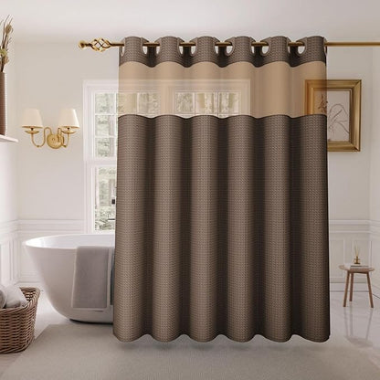 Inhousolu No Hook Shower Curtain with Snap in Fabric Liner Set Waffle Weave 230GSM Weighted Hem, Waterproof & Washable Bathroom Curtain Spa Luxury with Mesh Top Window 72" W x 72" L Brown