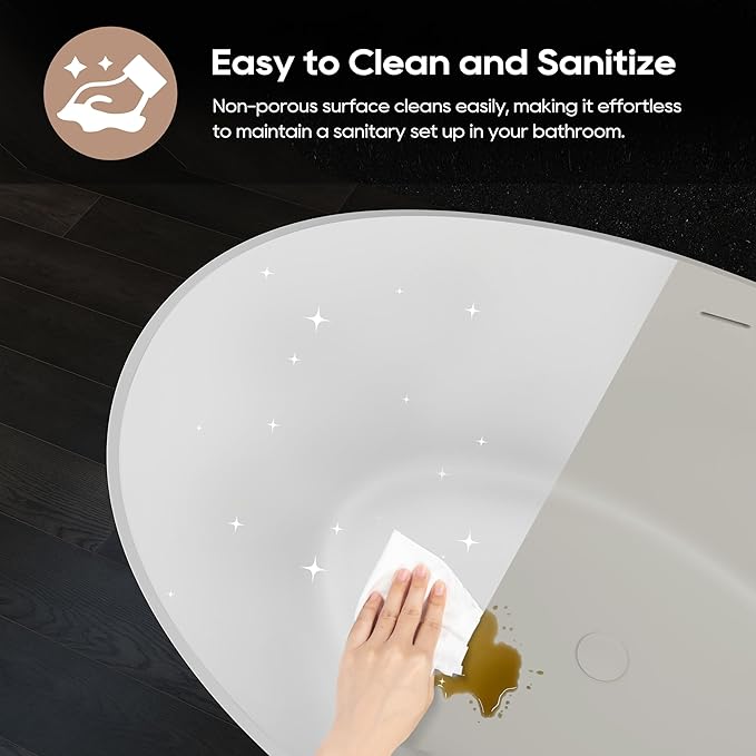 SJ STAR&JANE 63" x 38" Solid Surface Freestanding Bathtub, Oval Soaking Tub with Overflow and Pop-up Drain for Bathroom Matte Black