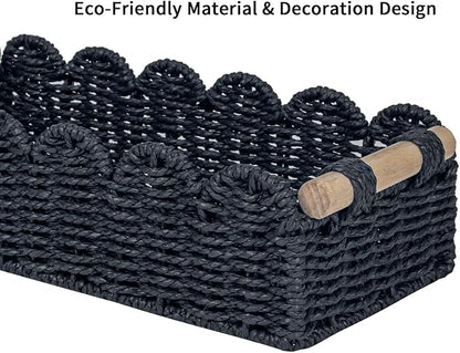 CubesLand Scalloped Edge Decor Baskets for Home, Living Room, Toilet Paper Storage Basket for Over Toilet Shelf, End Table,Shelves and More, Small Paper Rope Baskets Both Storage&Decor, Set 2 Black