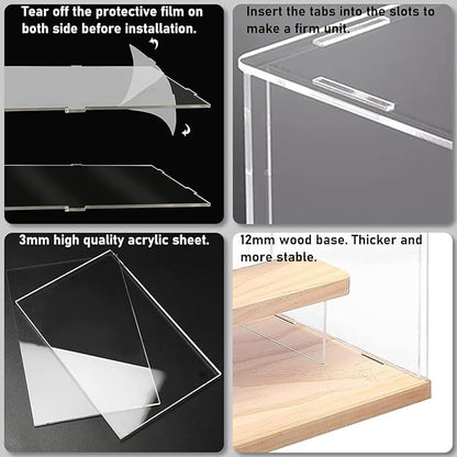 Choowin 4 Tier Clear Acrylic Display Case for Collectibles, Mini Figures, Pop Mart, Labubu, Sonny Angel, Smiski - Assemble Dustproof Acrylic Display Box with Door, Stand (Wood Base Step)
