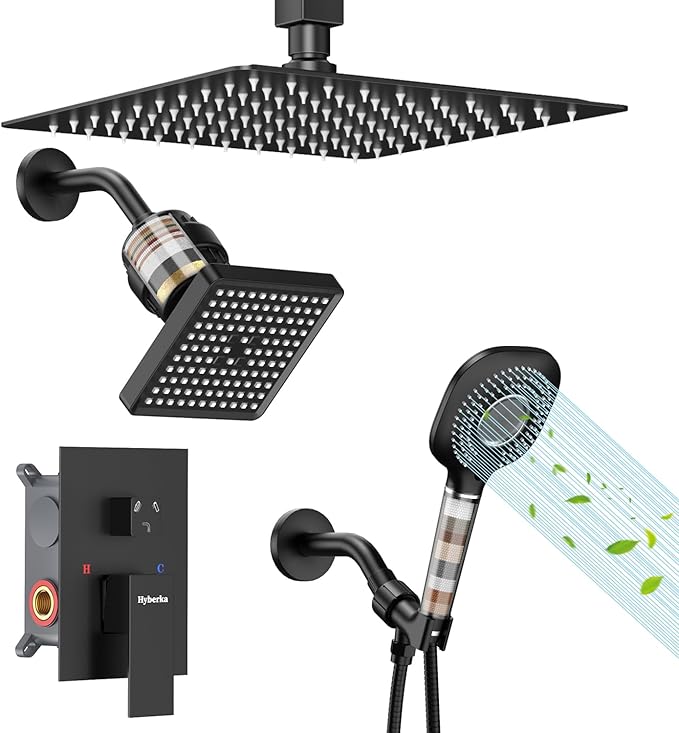 Shower Faucet Set, Ceiling Mount Shower System 10-inch & 6-inch Filtered Black Shower Head and Handle Set, Dual Shower Heads with 3 in 1 Handheld Spray and Valve & Trim Kit