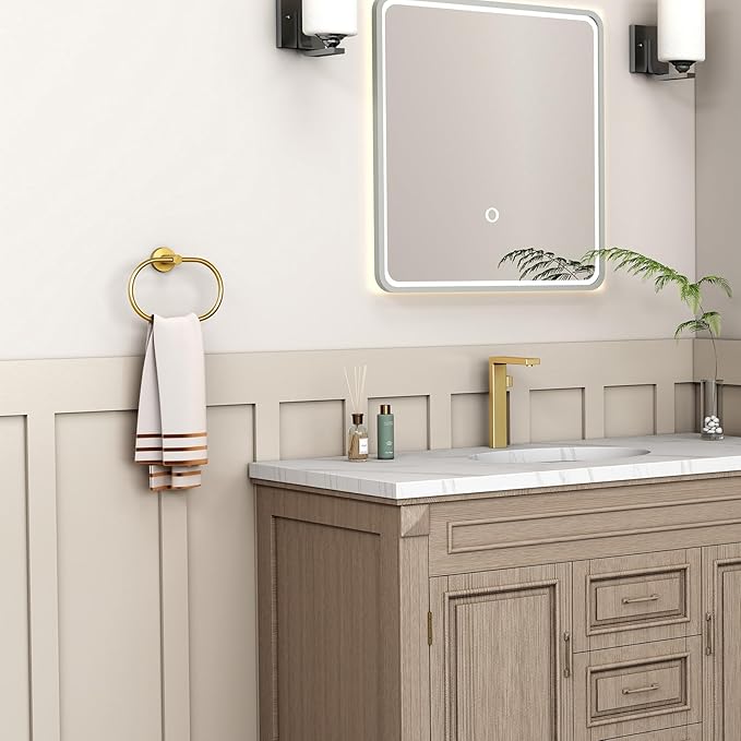 Angle Simple Towel Ring Brassy Gold, SUS 304 Stainless Steel Swivel Hand Towel Holder for Bathroom Wall Mount