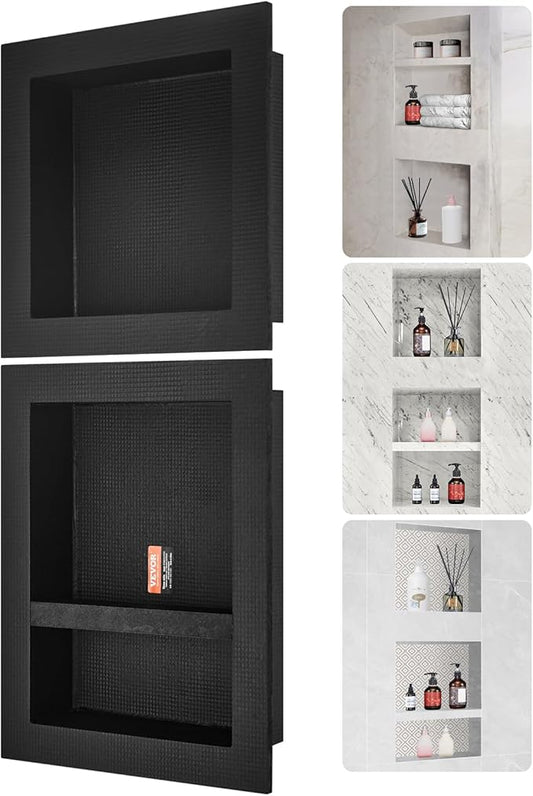 VEVOR Shower Niche Ready for Tile 16" x 16" & 16" x 20", Triple Shelf Organizer, Square Corners Wall-Inserted Niche Recessed, Sealed Protection Modern Soap Storage Niche for Shower Bathroom, Black