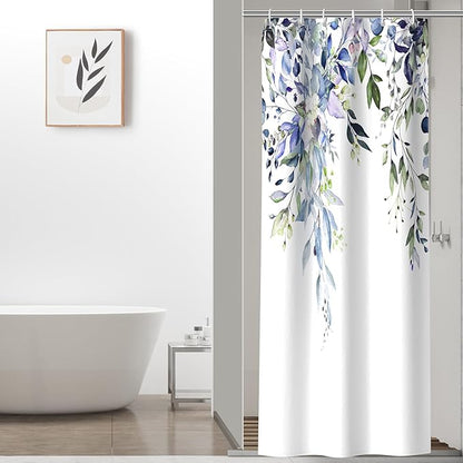 Colorful Star Green Eucalyptus Waterproof Shower Curtain Set with Hooks, Minimalist Watercolor Floral Print Bathroom Décor, Plant Leaves Washable Fabric Shower Curtain, 36 x 72 Inch