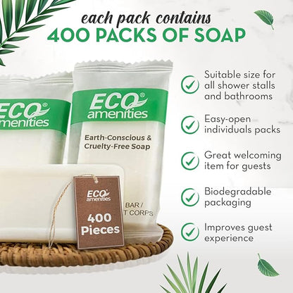 ECO Amenities Travel Size Bar Soap - 400 PACK, 0.5 oz Mini Soap Bars, Hotel Soap Bars, Travel Size Toiletries - Individually Wrapped Bulk Soap Bar, Small Hotel Soaps for BNBs, VRBO, Inns and Hotels