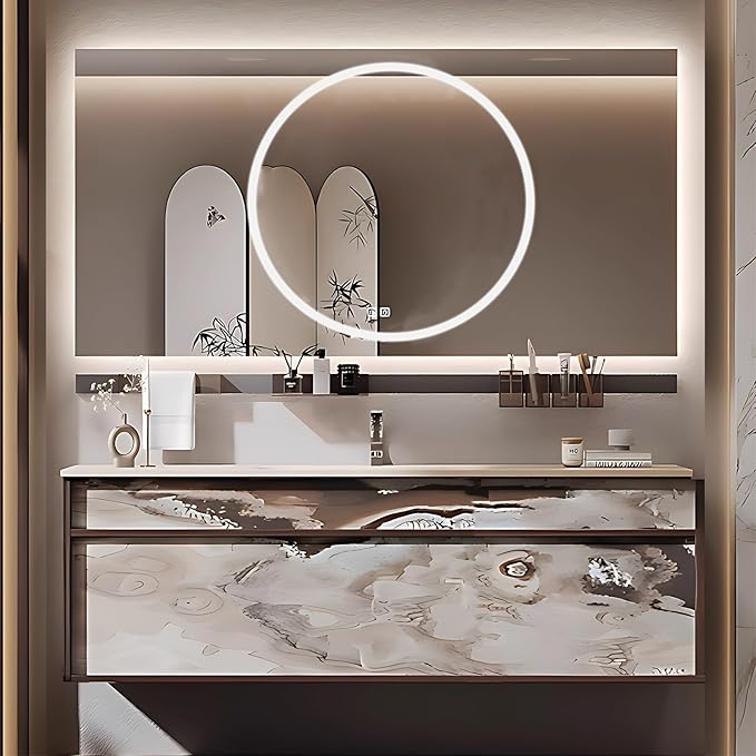 32IN Modern Bathroom Vanity with Sink - Bathroom Vanity with 2 Drawer Organizer, LED Mirror Lights & Defogging Function | Wall - Mounted Vanity with Multifunctional Storage Rack