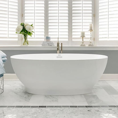 FerdY Koh Samui 65" Acrylic Freestanding Bathtub, Oval Contemporary Soaking Bathtub, Glossy White, cUPC Certified, Toe-Tap Chrome Drain & Overflow Assembly Included